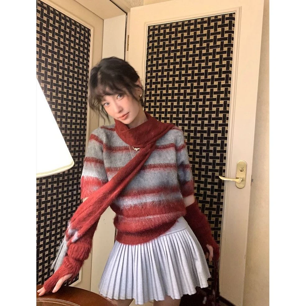 慵懒风袖套条纹拉毛毛衣加围巾三件套LL12S-1016