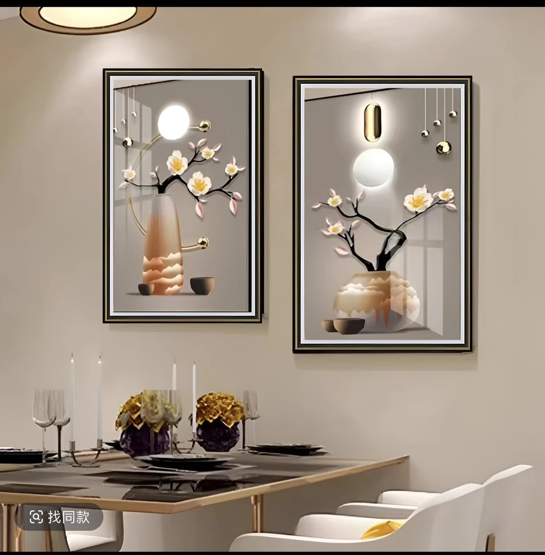 j06花开富贵餐厅卧室装饰画客厅餐桌双联画轻奢饭厅玻璃装裱挂画