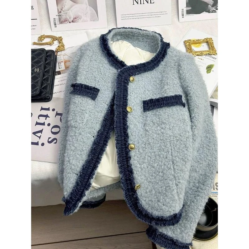 【GPJ】内里充绒加厚蓝色法式小香短外套女冬装新款气质加厚