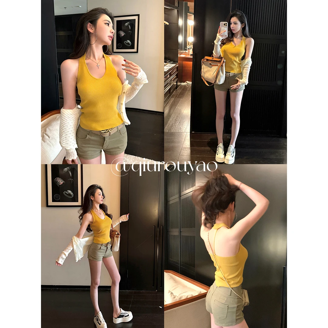 邱肉瑶 气质挂脖v领针织衫女夏季新款显瘦修身百搭短款打底上衣