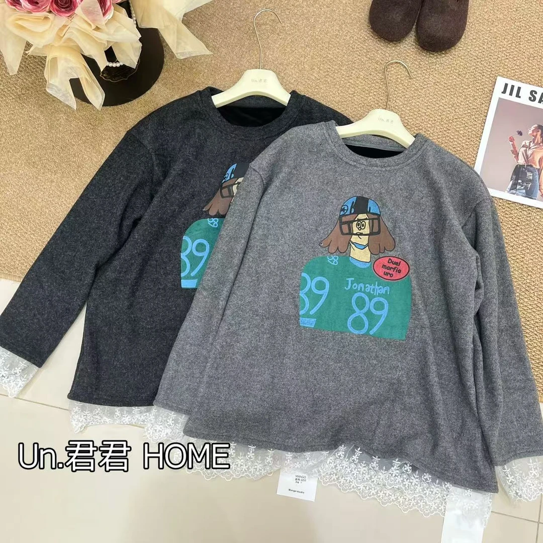 君君家【拼接蕾丝】3255复合绒印花拼接蕾丝中长款圆领长袖上衣