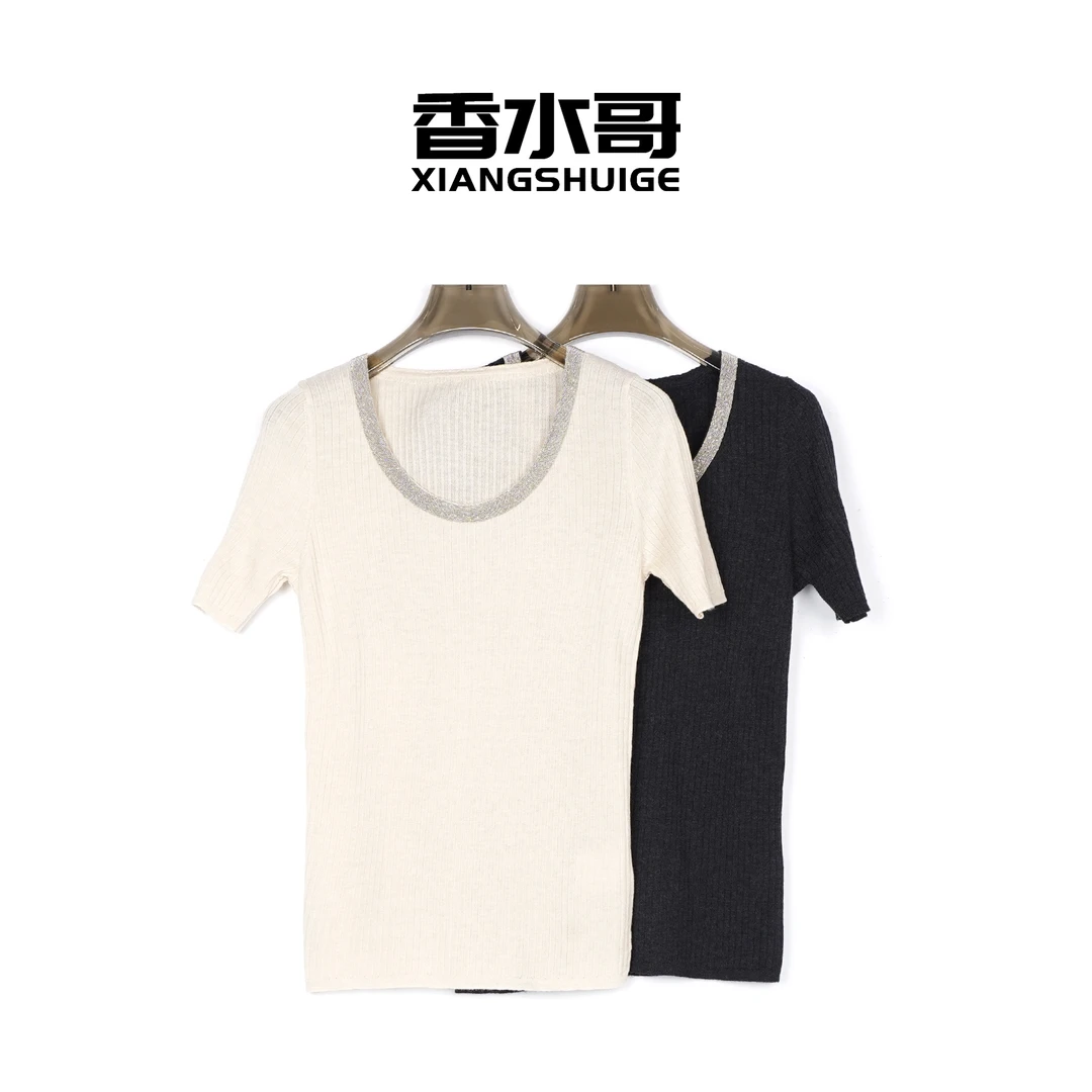 夏季2025新品女气质小坑条U领短袖T恤百搭时尚弹力修身轻薄针织衫