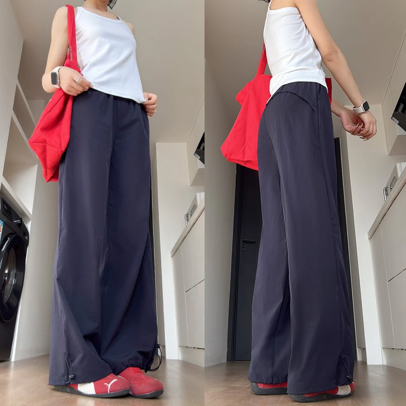 夏季美式速干工装裤女2025新款薄款高腰垂感直筒休闲阔腿运动裤