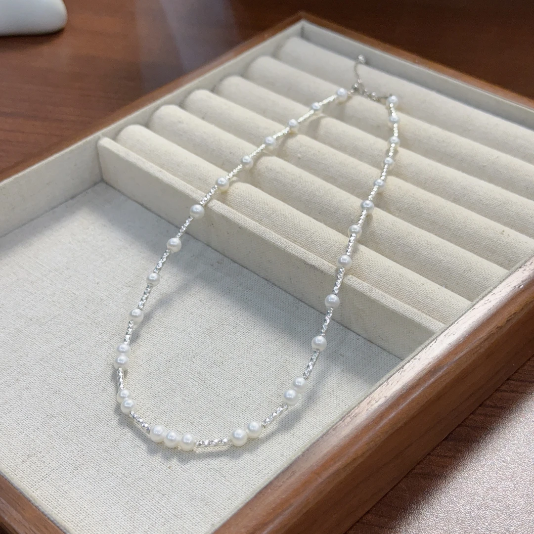 【简白】天然淡水珍珠极光AK超亮老珠光满天星银项链L1093