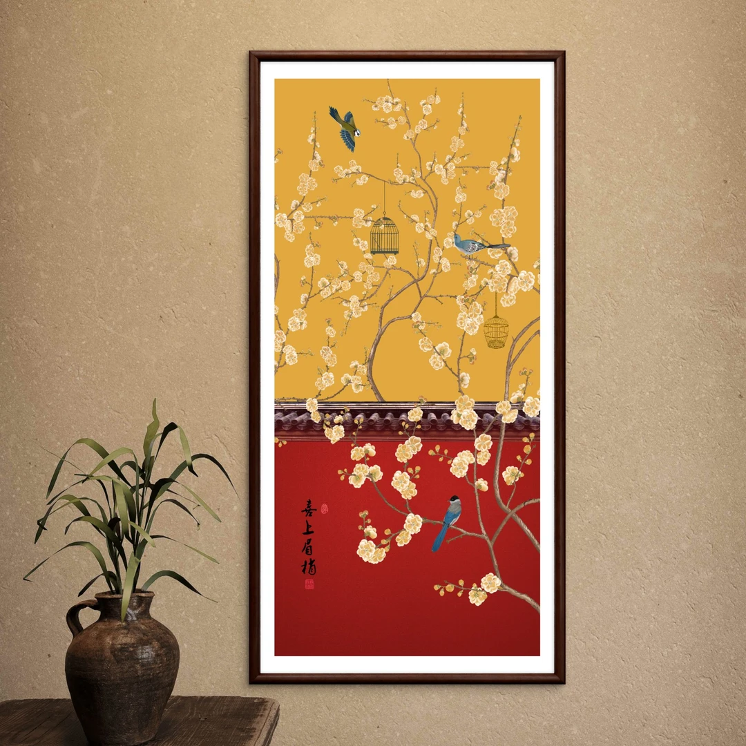 115-55*110喜上眉梢中式装饰画实木框玄关书房茶室客厅挂画