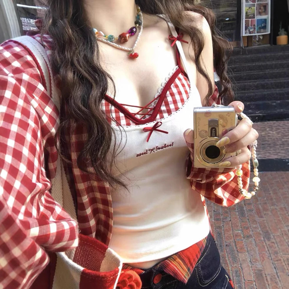 元气多巴胺彩格交叉吊带背心带胸垫美背纯欲辣妹假两件外穿上衣女