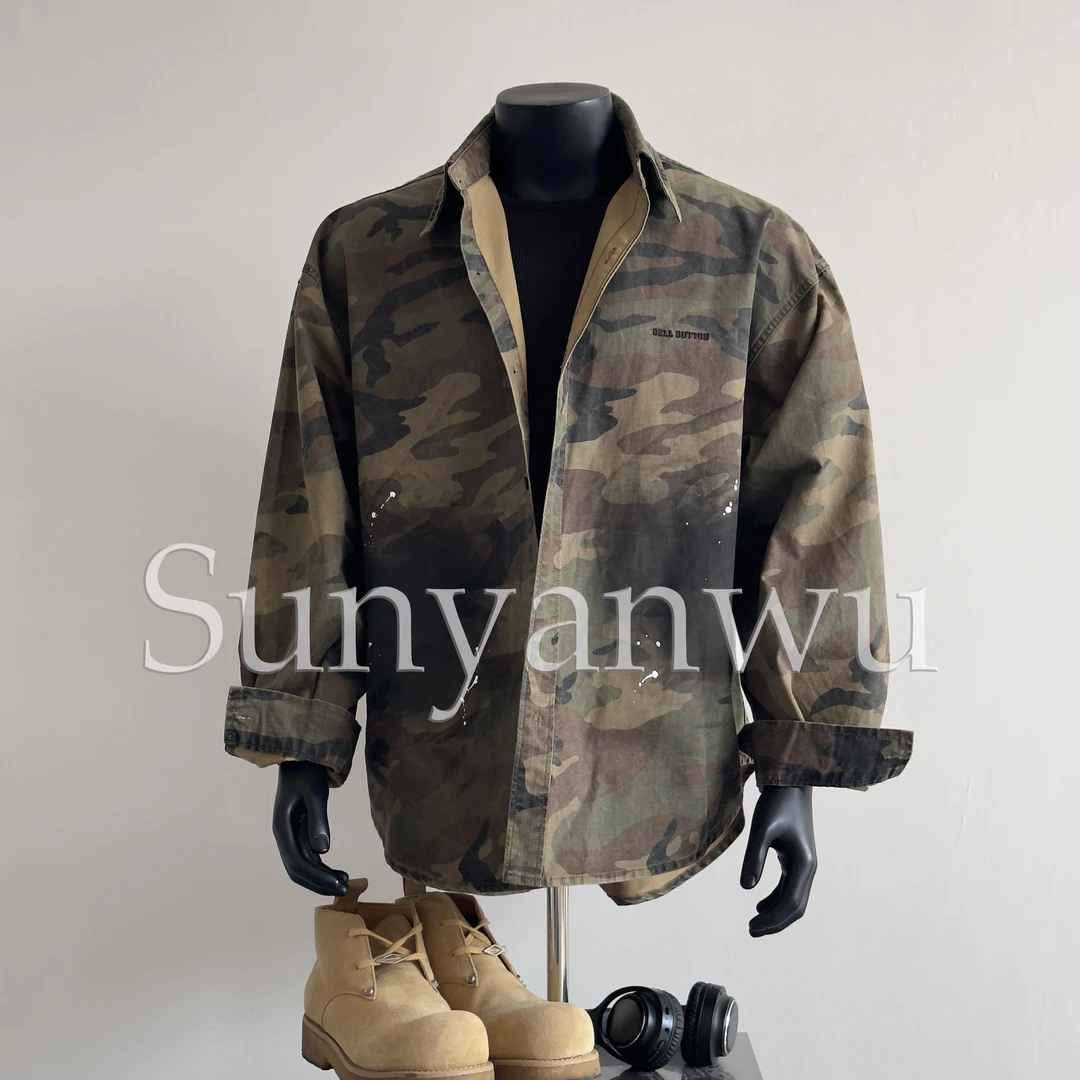 Sunyanwu 秋季新款 泼墨军布迷彩刺绣衬衫廓形硬挺宽松硬汉大码