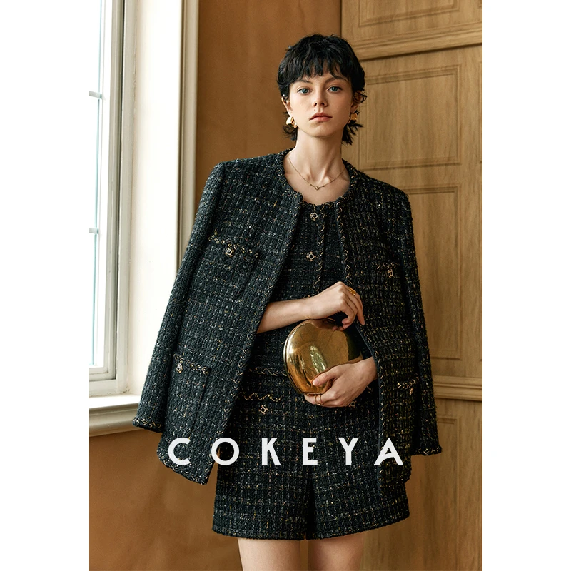 COKEYA/璀璨巴黎~特种亮片纱粗花呢 秋冬小香风外套马甲短裤套装