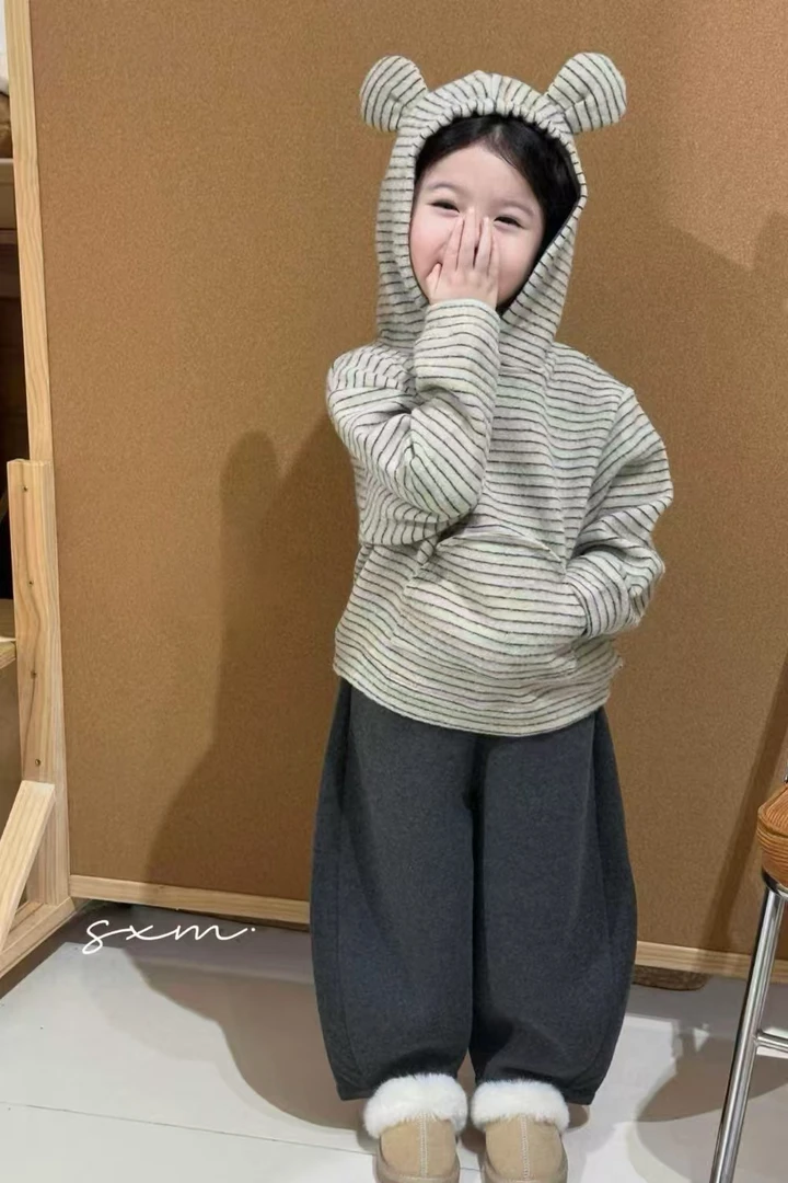 韩系秋冬加绒套装条纹毛衣熊耳连帽女童套装套头女连帽童装韩版