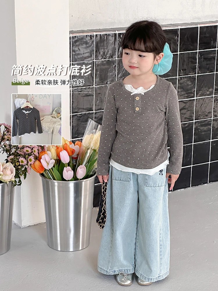 女童假两件波点上衣2025春秋新款花边拼接洋气亲肤柔软打底衫宝宝