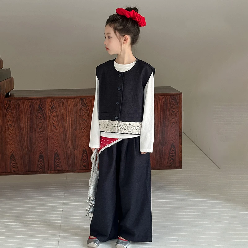 女童2025春秋款套装女大童秋季洋气打底蕾丝拼接马甲阔腿裤三件套