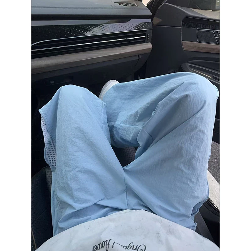 天蓝色冰丝裤子男夏季薄款美式速干降落伞兵裤垂感宽松直筒阔腿裤