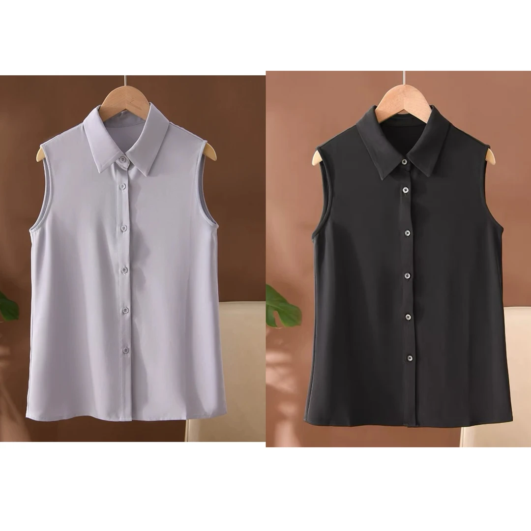 M胸100长60斜纹料翻领气质无袖衬衫上衣简约百搭 9907