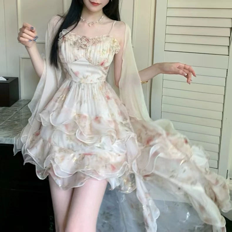 【现货】大码法式甜美雪纺印花烫金裙摆拼接荷连衣裙开衫10784