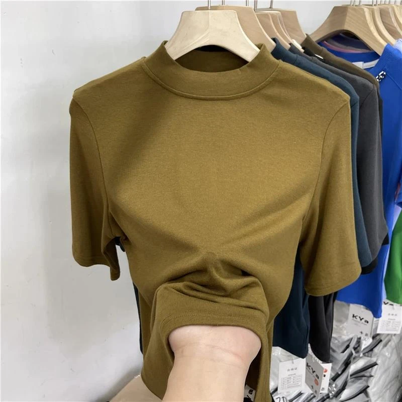 艾格莫代尔棉春秋小立领大码五分袖打底衫女欧货修身T恤百搭