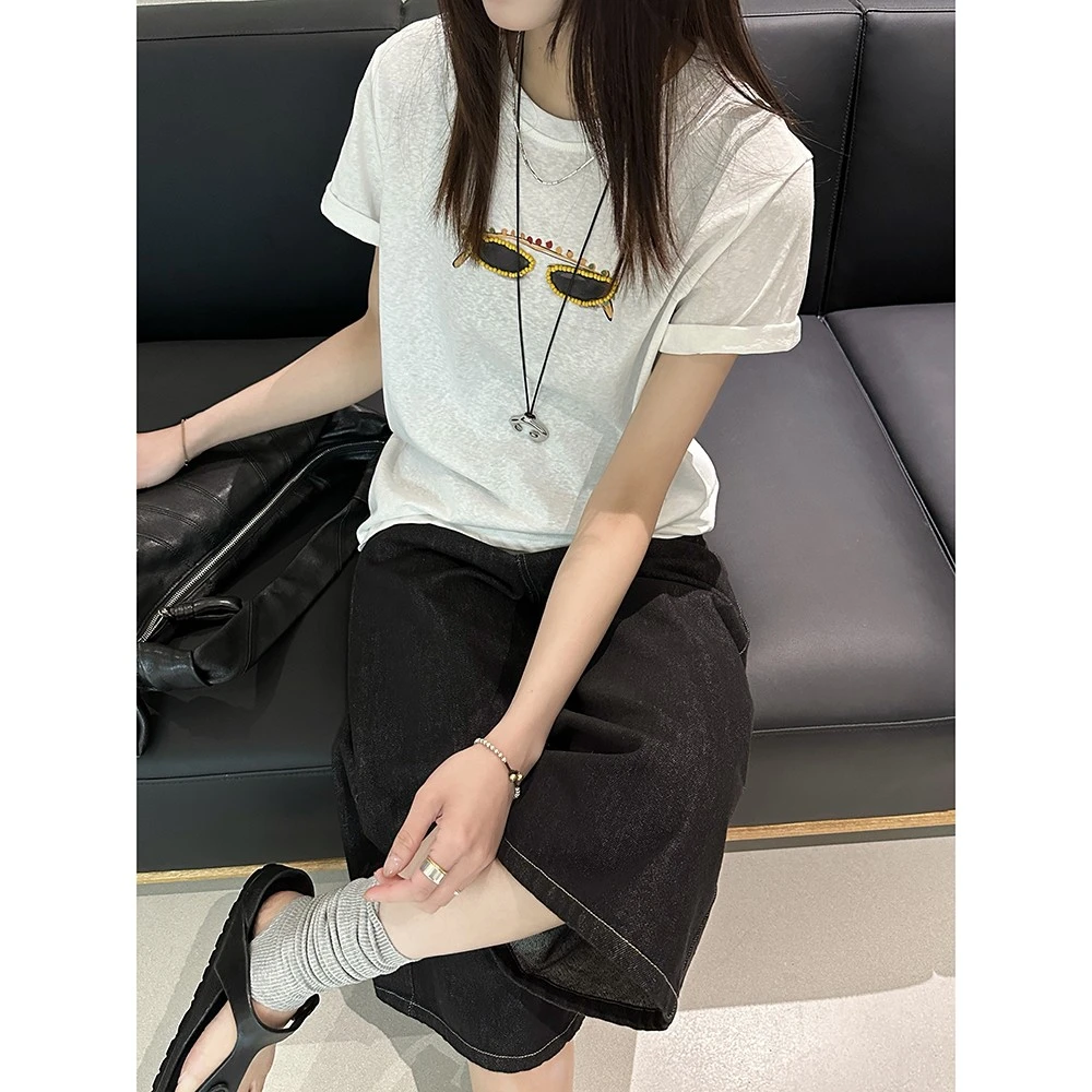 MISS RUILI 定制 春夏圆领简约印花宽松短袖T恤上衣F0294