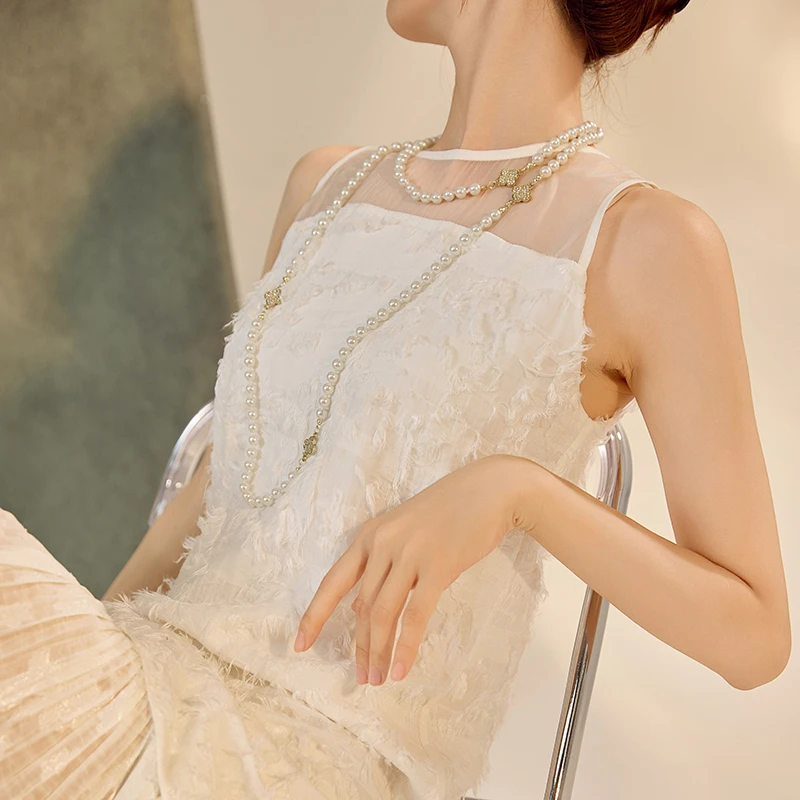 新款国风拼纱气质时尚连衣裙女新中式轻奢时尚纯色无袖长裙 N4075