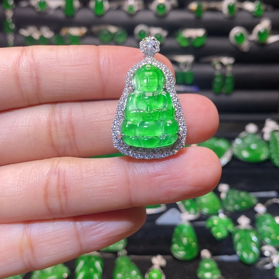 翡翠银S925镶嵌颈饰观音吊坠