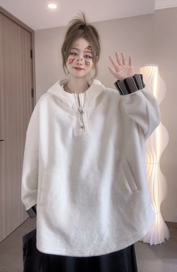柚柚酱新款宽松休闲百搭半拉链设计感连帽卫衣