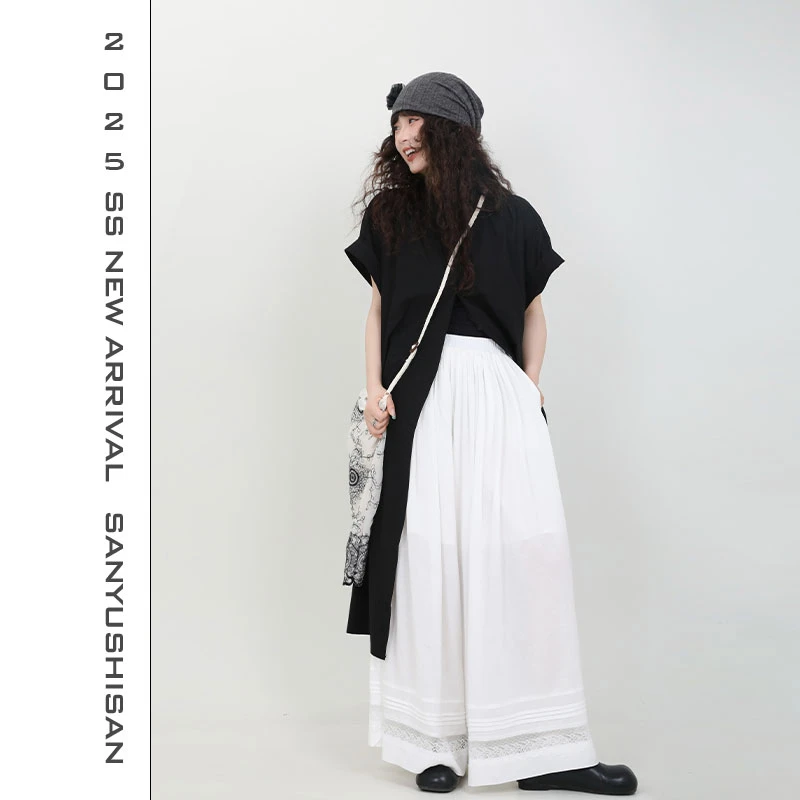 三与十三|白松石|春季薄款休闲百搭蕾丝拼接宽松阔腿裤-2