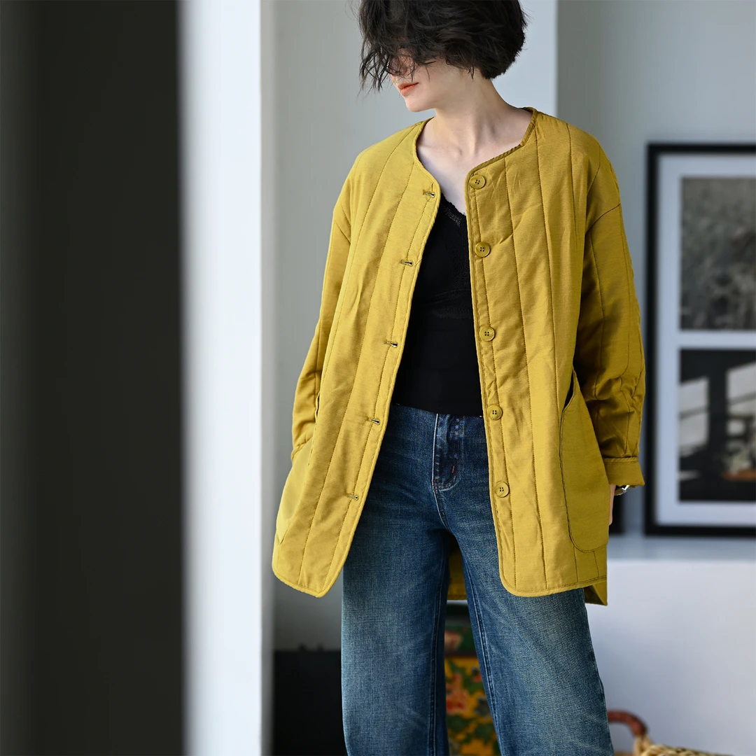 F88260 文艺休闲纯色竖条纹绗缝圆领直筒薄棉服女25秋冬 米兰宣言