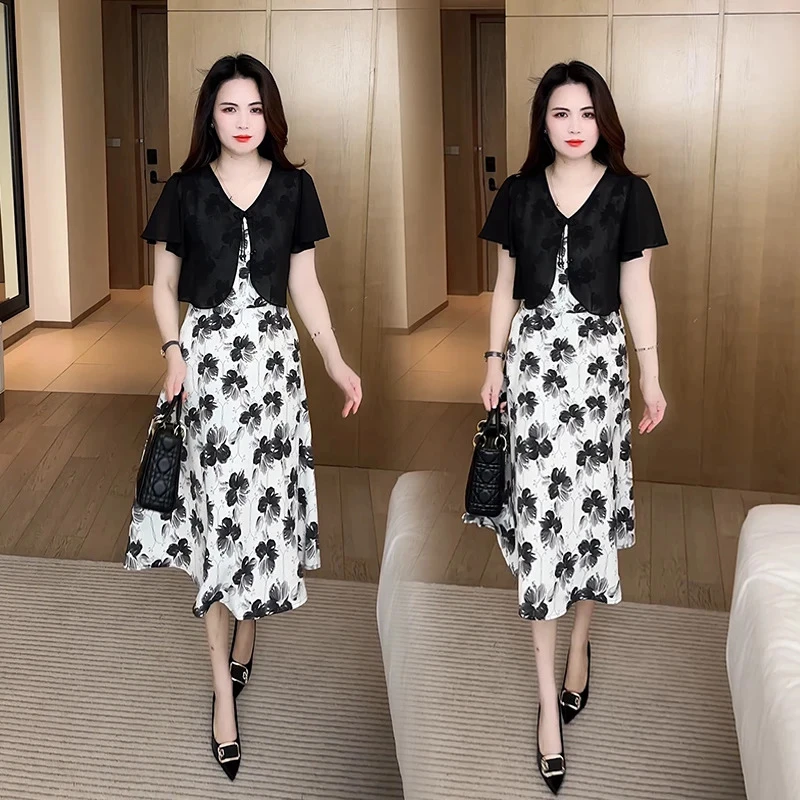 假两件夏季新款妈妈气质连衣裙2025洋气显瘦印花时尚拼接中长裙子
