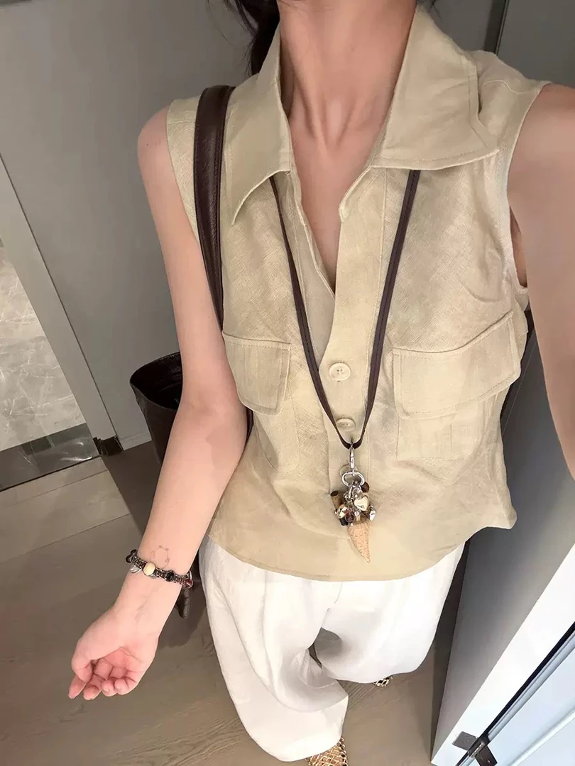 高级感无袖背心衬衫2025夏季新款复古工装风上衣女