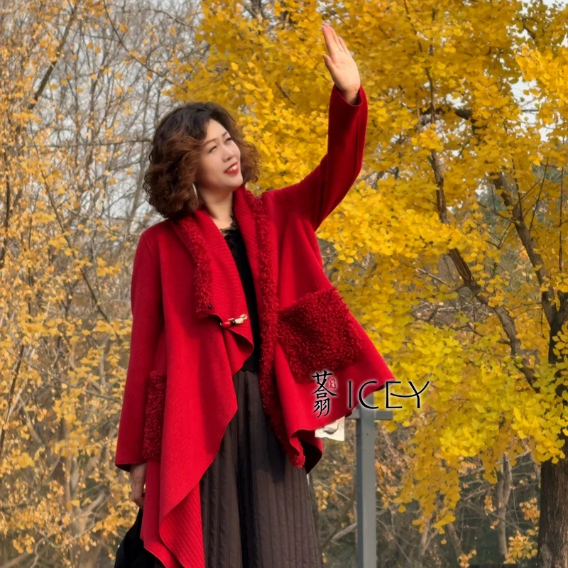 艾翕甄选【红与灰】冬款翻领条纹短外套ZX2501536-1