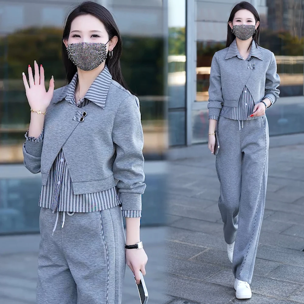 假两件减龄显瘦条纹运动套装女休闲长袖2025春季新款时尚两件套