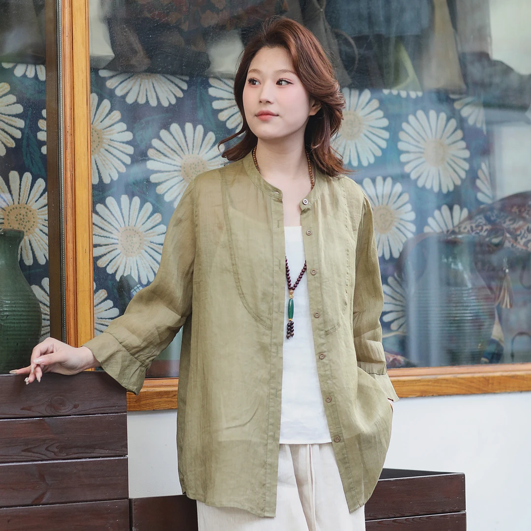 九月阿布原创100支纯苎麻上衣2025春季文艺大码百搭立领衬衫E280
