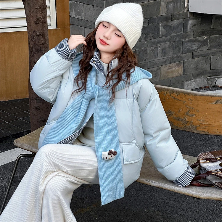 女童2025韩版小清新羽绒棉衣中大童洋气保暖加厚棉袄围巾帽两件套