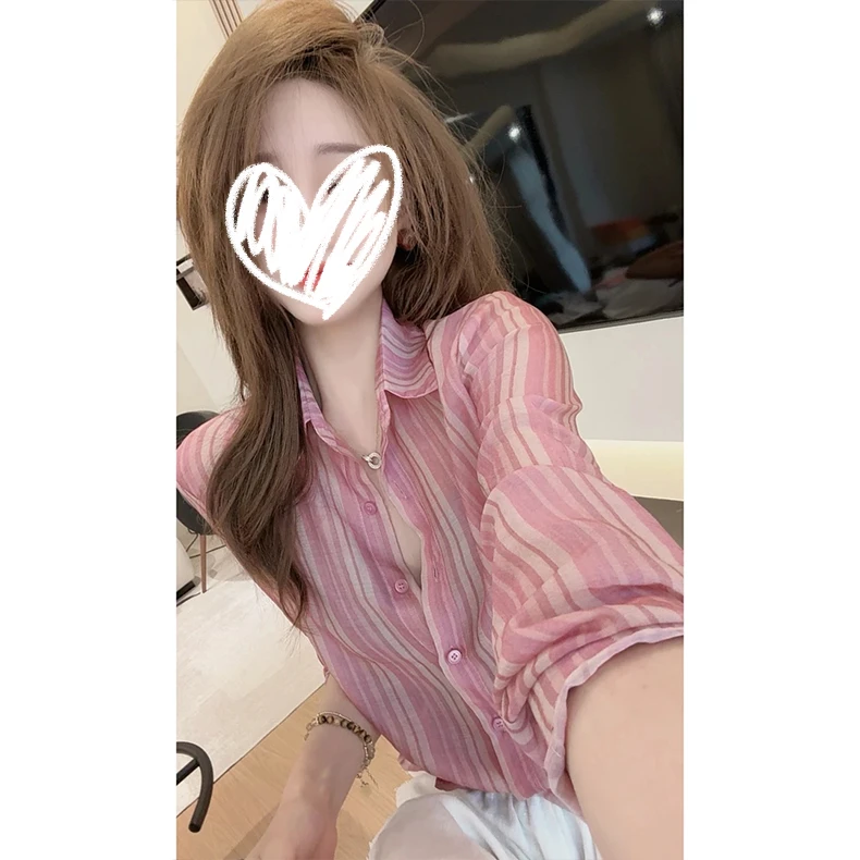 韩系气质洋气氛围感粉色竖条纹衬衫时尚女减龄显瘦衬衣设计感百搭