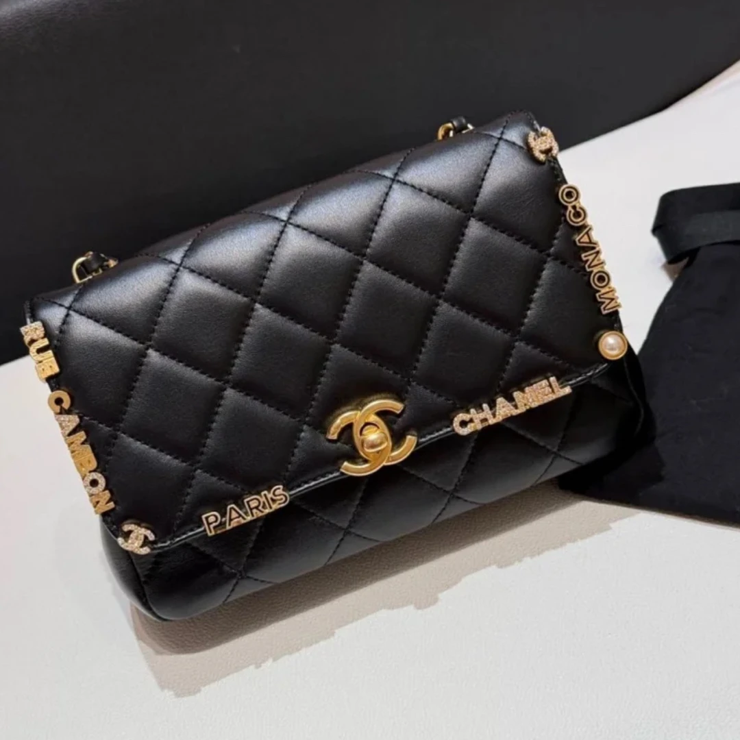 99新 Chanel/香奈儿 23c珐琅水钻大mini黑色羊皮单肩包 00328