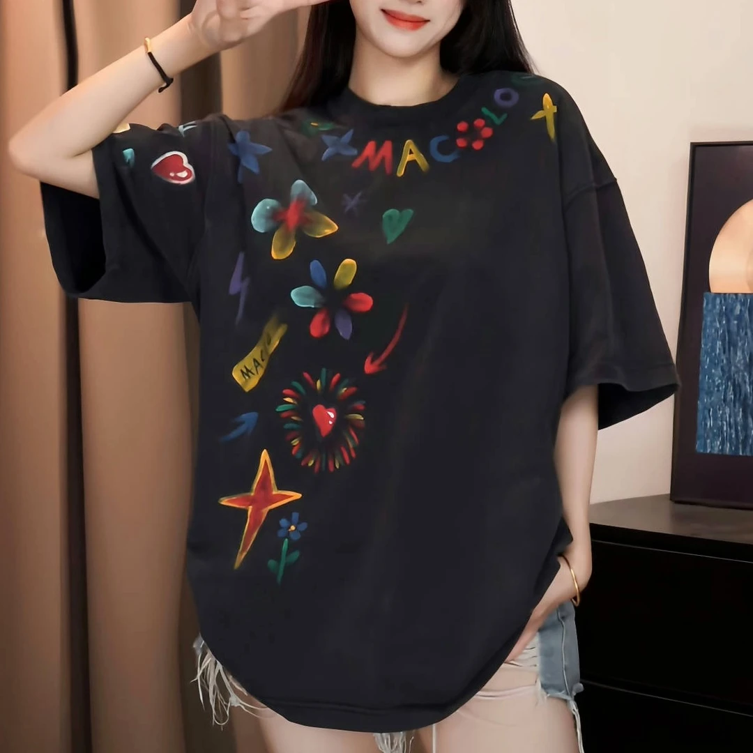 【SSTEE-驴家手绘】兽兽学姐潮流美式宽松纯棉手绘280克重磅黑色T恤