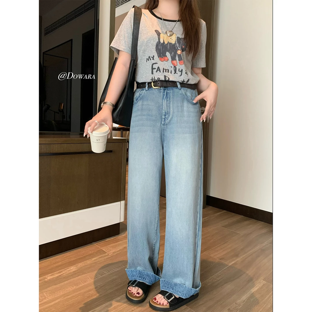 现货大婉酱微胖定制【冰爽牛仔】莱赛尔高腰阔腿牛仔裤直筒裤 8531D