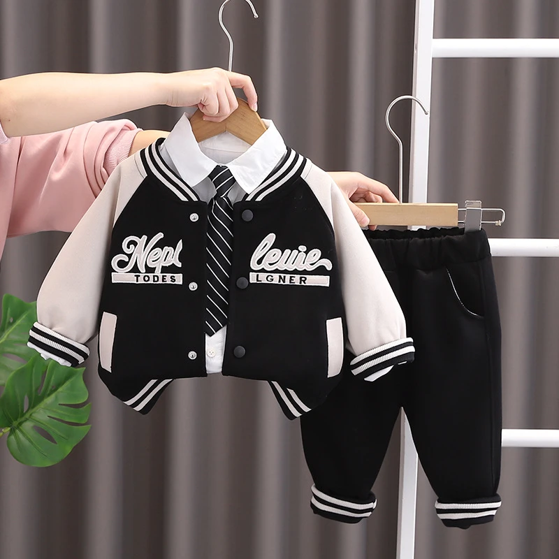 春季男童新款棒球领秋季男宝1-2-3-4岁半儿童休闲时尚衬衫三件套