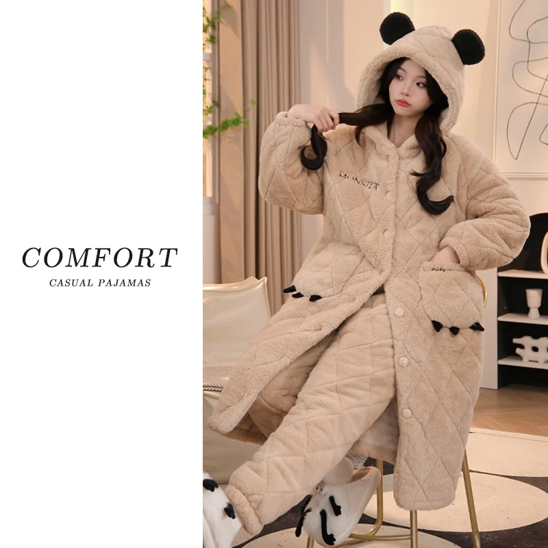 三层夹棉加绒加厚珊瑚绒睡衣女秋冬季2024新款小熊可外穿家居服