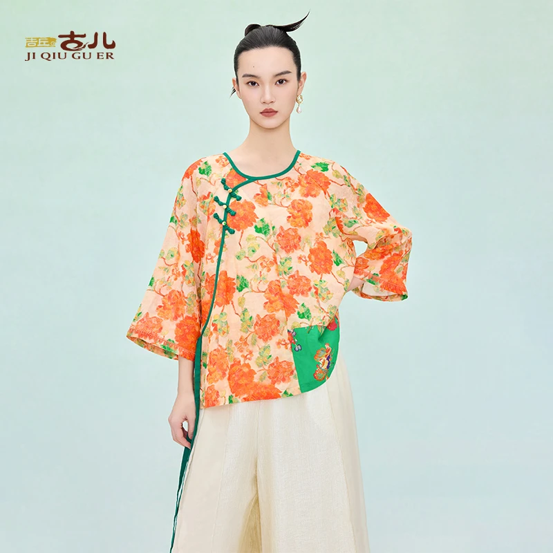 吉丘古儿葵苎麻上衣国风新中式印花时尚宽松撞色拼接衬衫G252Y016