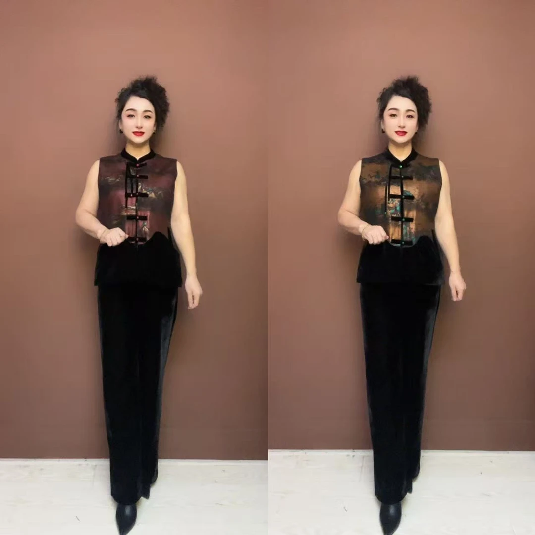 6250款妈妈秋冬国风加棉加厚马甲新款中老年女装盘扣唐装坎肩套装