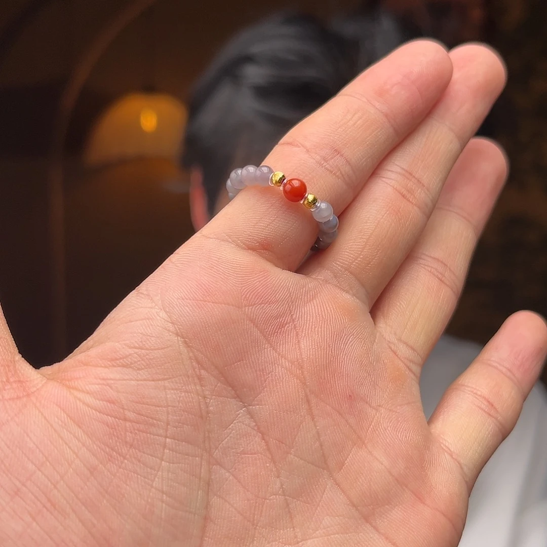 和田玉戒指银S925镶嵌烟紫戒珠