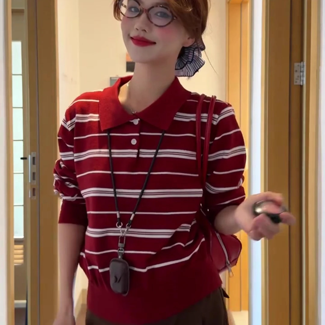 YUSSK韩系通勤风红色条纹polo领短袖T恤夏季修身显瘦百搭休闲上衣