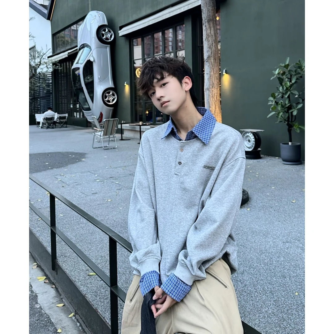 百搭学院风拼接假两件秋季新款卫衣男polo衫翻领格子情侣长袖外套