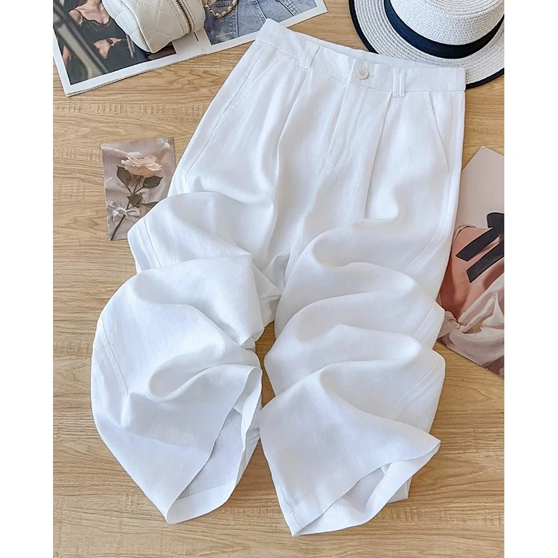高端棉麻阔腿裤女夏季2025新款宽松显瘦休闲裤苎麻亚麻直筒山本裤