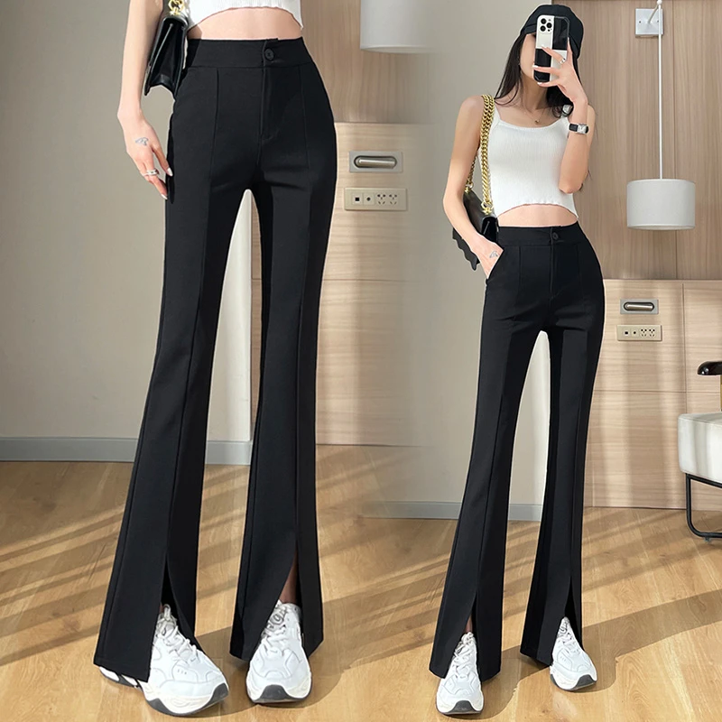 加绒微喇裤2024冬季开叉高腰显瘦弹力修身黑色保暖休闲裤B237