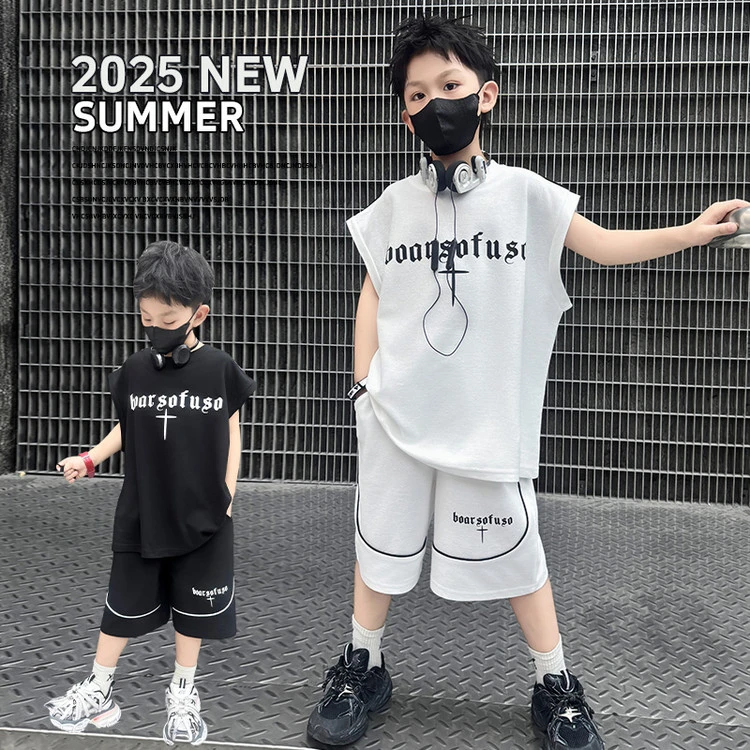 男童背心套装夏季薄款中大童字母纯色潮酷痞帅儿童休闲无袖两件套
