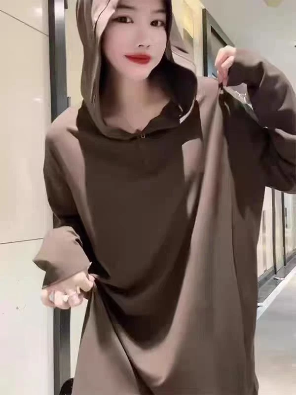珊珊家大码连帽中长款长袖t恤女早秋季薄款宽松显瘦上衣服