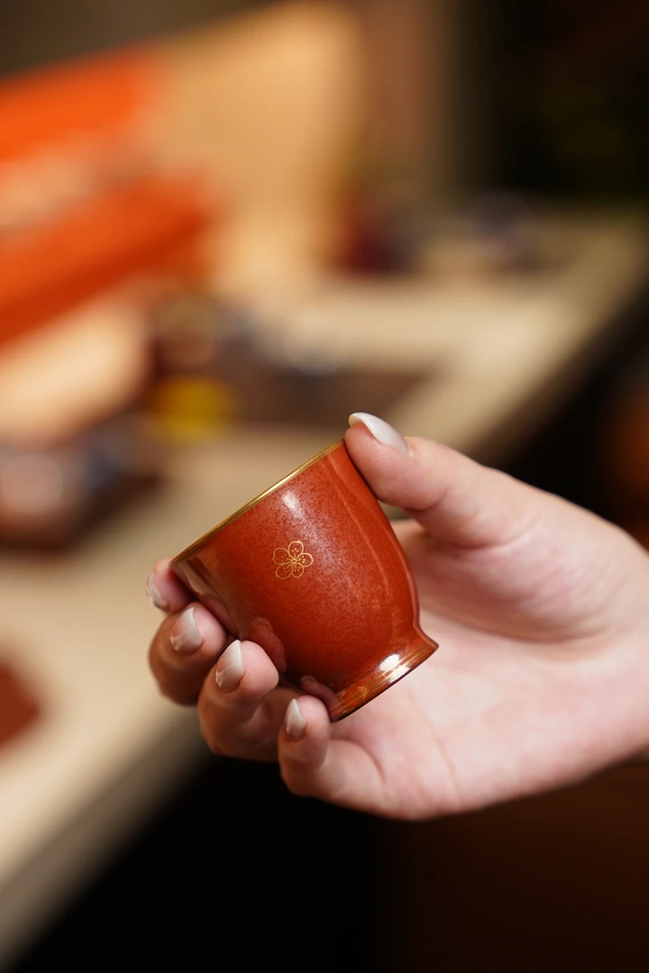 华隐堂   红金花内碧绿单杯   茶具茶道手工主人杯手绘