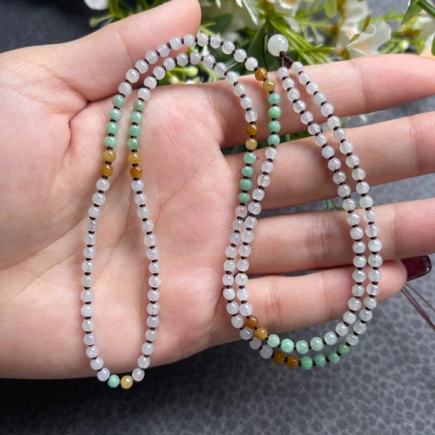 缅甸A货翡翠糯冰三彩春带彩圆珠3.5mm纯手工编织玉牌项链绳60厘米