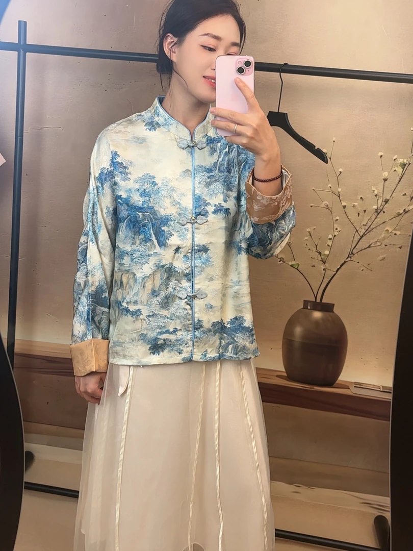 新中式国风山水立领盘扣改良缎面提花国潮长袖上衣开衫