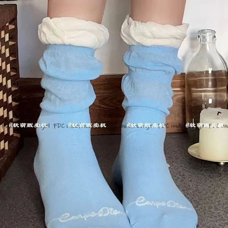 女士夏季薄款中筒袜糖果色拼接泡泡口袜子日系甜美多巴胺彩色ins